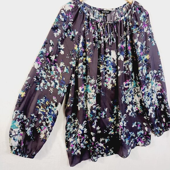 Ellen Tracy, 3X Top, Gray w/ Abstract Floral Print, Long Sleeve, Flowy Full Cut - Picture 4 of 14